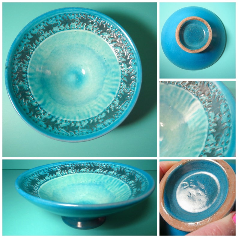 Vintage 1970s Art Pottery Blue Glaze Betty Ray Round Bowl Dish