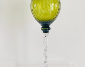Vintage 1970s MCM Italian Olive Green Optic Art Glass Twisted Pedestal Stem Orb Vase