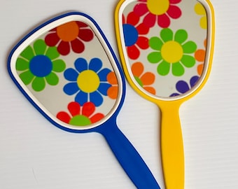 Vintage 1970s 80s Retro MOD Goody Hand Handle Beauty Mirrors Plastic Blue Yellow LOT