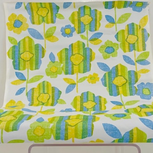 May include: White wallpaper with a repeating pattern of green, blue, and yellow striped flowers.