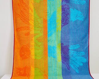 Vintage 1970s Beach Towel Rainbow Ombre Gradient Colors Bird Parrot by Seven Seas Brazil