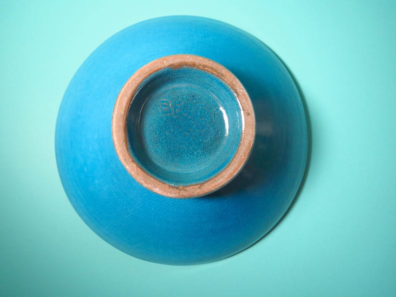 Vintage 1970s Art Pottery Blue Glaze Betty Ray Round Bowl Dish