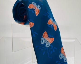 Vintage 1970s Groovy Butterfly Blue Orange Mens WIDE Neck Tie 59" Dacron Polyester