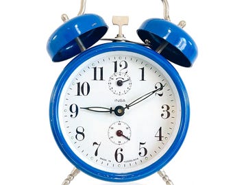 Vintage 1970s Retro Cobalt Blue Metal Two Twin Bell Alarm Clock by Yugoslavia INSA