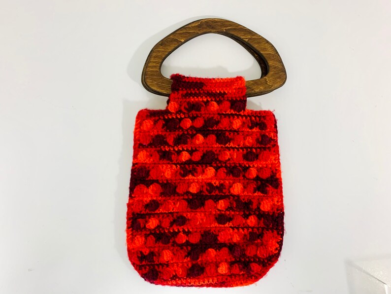 Vintage 1970s Retro Groovy Crochet Macrame Handmade Pom Pom Balls Hippie Purse Wood Handle Bag