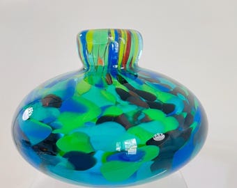 Vintage 1970s Art Glass Murano Confetti Swirl Blue Orb Flower Bud Vase Perfume Bottle