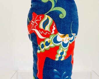 Vintage 1970s Sweden Akta Dala Horse Kitchen Oven Mitten Potholder Blue Quilt Fabric