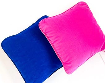 Vintage 1980s Retro Velvet Square Sofa Bed Throw Pillows Hot Pink Cobalt Blue Pair
