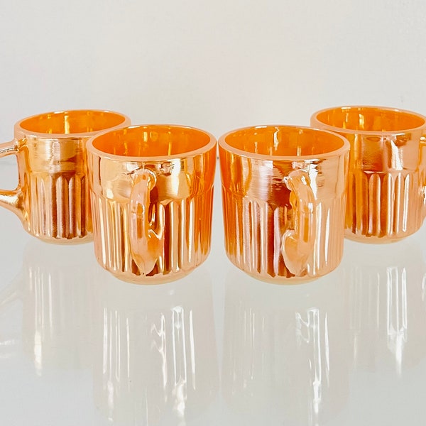 Vintage 1970s MCM Fire King Anchor Hocking 4pc Peach Lustre Lusterware Stripes Mini Cups Coffee Espresso Demitasse with D handle Iridescent