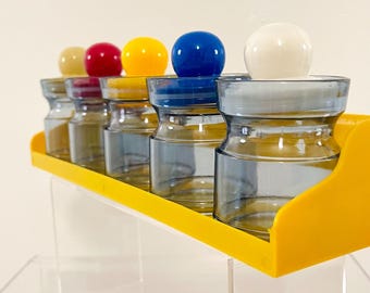 Vintage 1980s Retro Space Age Plastic Fantastic Rainbow Ball Top Storage Spice Jar Set Rack Wall Hanging