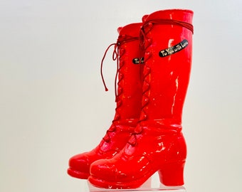 Vintage 1970s Groovy MOD Pair Go Go Dancing Red Vinyl Lace Up Boots Ceramic Pop Art Banks - To You With Love