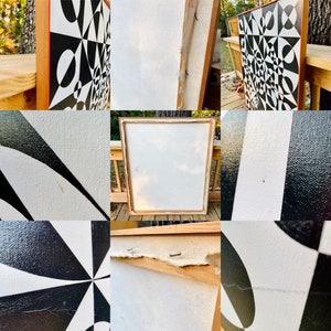 May include: A black and white abstract geometric painting on canvas with a wooden frame. The painting is in a modern style and features a variety of shapes and patterns.