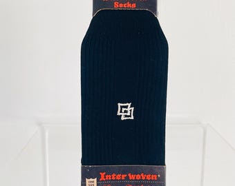 Vintage 1950s NOS Socks STRETCHES Custom Fit Black Geometric Inter Woven Stocking Co