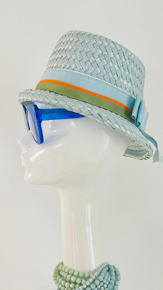Vintage 1960s Ladies Hat Baby Blue Stripe Ribbon Band 