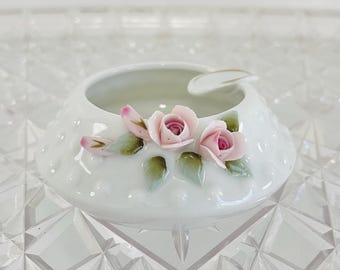 Vintage 1950s White Hobnail Lefton 844 China Porcelain Pink Roses Ashtray