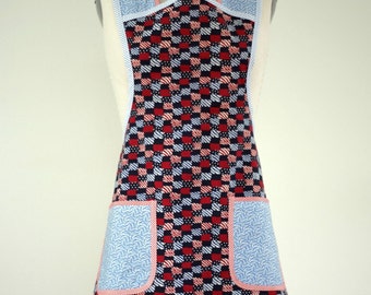 Red and Blue Mini Checkered Pattern Full Kitchen Apron with Pockets