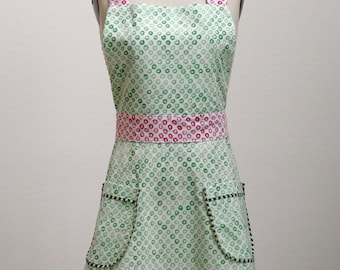 Watercolor Circle Print in Light Green Kitchen Apron with Magenta Rose Accent