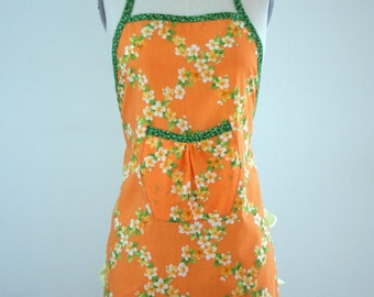 Tangerine Orange Color Full Kitchen Apron with White Floral Prints and Yellow Frills