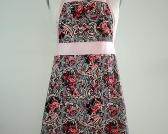 Full Apron in Paisley Motif with Rose Pink Frills and Trim