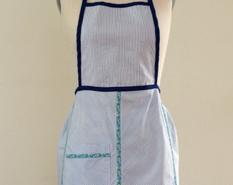 Modernist Kitchen Apron in Light Blue and White Pinstripes