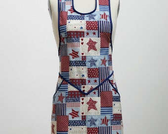 Kitchen Apron in  Red, White and Blue Stars & Stripes Patchwork Motif