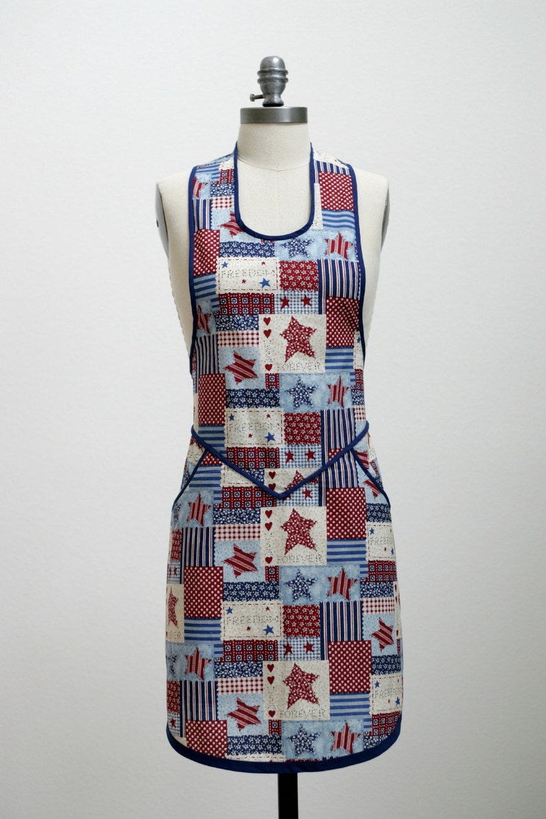 Kitchen Apron in Red, White and Blue Stars & Stripes Patchwork Motif image 1