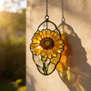 Attrape-soleil en vitrail tournesol fait main, décoration florale irisée pour fenêtre, décoration d'intérieur rustique, cadeau unique pour les amateurs de fleurs et elle