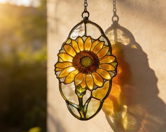 Handmade Sunflower Stained Glass Suncatcher, Iridescent Floral Window Hanging, Rustic Home Decor, Unique Gift for Flower Lovers & Her