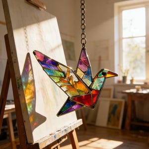 Handmade Origami Crane Stained Glass Suncatcher, Rainbow Bird Window Hanging, Whimsical Home Decor, Unique Gift for Her & Bird Lover
