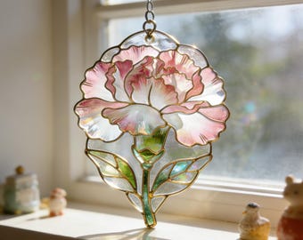 Acchiappasole in vetro colorato con garofani rosa, decorazione floreale artigianale da appendere alla finestra, decorazione primaverile