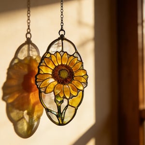 Handmade Sunflower Stained Glass Suncatcher, Iridescent Floral Window Hanging, Rustic Home Decor