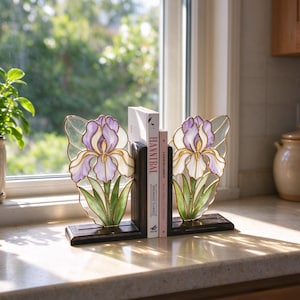 May include: A pair of stained glass bookends featuring a purple and white iris flower design with green leaves. Each piece is mounted on a dark wooden base, supporting two books, one titled Hannibal by Thomas Harris, standing on a countertop.
