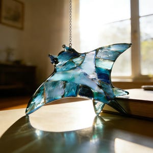 手作りのマンタレイのステンドグラスサンキャッチャー、虹色に輝くオーシャンブルーの窓掛け、海岸風ビーチホームデコレーション、海好きの方や男性へのギフト