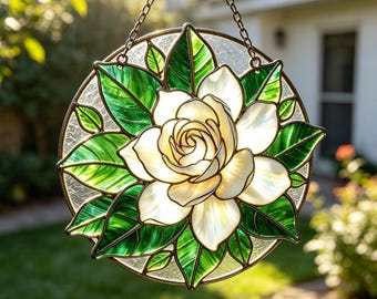 Atrapasueños de vidrio emplomado con gardenias hecho a mano, adorno floral iridiscente para ventana, decoración estilo cottagecore, regalo para amantes de la naturaleza y jardineros.