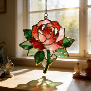 Rose Stained Glass Suncatcher, Handmade Window Hanging, Floral Home Decor, Ideal Gift & Keepsake for Someone Special