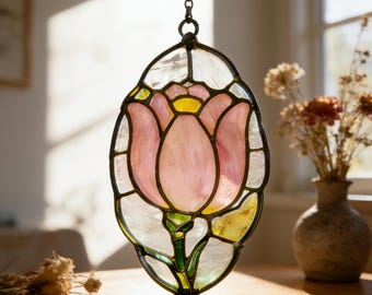Handmade Pink Tulip Stained Glass Suncatcher, Floral Window Hanging, Vintage Cottage Home Decor, Unique Gift for Flower Lovers & Mom