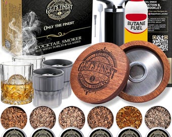 Whiskey Smoker Kit | Cocktail Smoker Kit with Torch and Glasses, 6 Wood Chips & Gift Box for Smoked Old Fashioned (With Butane)