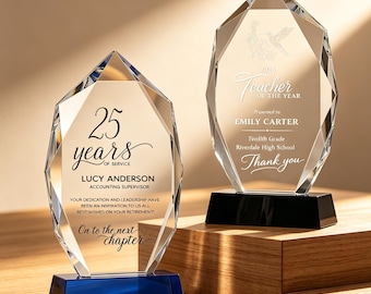 Custom Glass Award Plaque, Engraved Crystal Trophy, Business Recognition Gift, Achievement Award