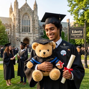 Puede incluir: Un graduado con toga y birrete negros sostiene un oso de peluche con un atuendo de graduaci&oacute;n en miniatura. El oso tiene el nombre "Ethan" en su gorra y "20" y "26" en sus patas. Tambi&eacute;n se sostiene un diploma con una cinta roja.