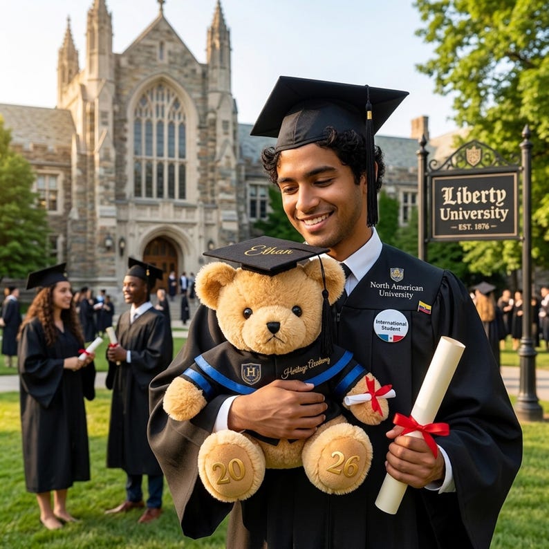 Puede incluir: Un graduado con toga y birrete negros sostiene un oso de peluche con un atuendo de graduaci&oacute;n en miniatura. El oso tiene el nombre "Ethan" en su gorra y "20" y "26" en sus patas. Tambi&eacute;n se sostiene un diploma con una cinta roja.