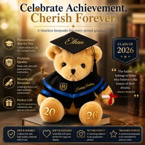 Puede incluir: Un oso de peluche con birrete y toga de graduaci&oacute;n, personalizado con el nombre "Ethan". Los n&uacute;meros "20" y "26" est&aacute;n en las patas, y el texto "Class of 2026" tambi&eacute;n es visible. Un recuerdo de graduaci&oacute;n.