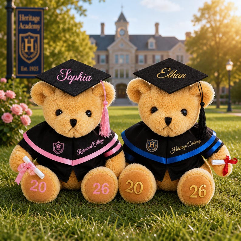 Puede incluir: Dos osos de peluche con gorros y togas de graduaci&oacute;n. Uno tiene una borla rosa y el nombre "Sophia" en su gorro, el otro tiene una borla negra y el nombre "Ethan". Ambos osos tienen los n&uacute;meros "20" y "26" en sus patas.