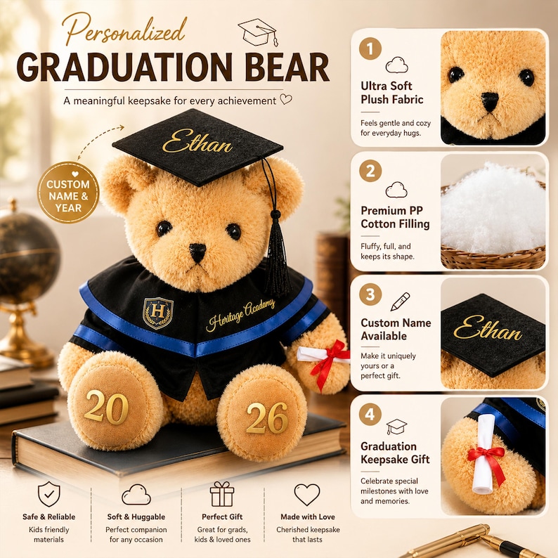 Puede incluir: Un oso de graduaci&oacute;n de peluche con gorro y toga negros con ribetes azules. El oso tiene el nombre "Ethan" en su gorro y los n&uacute;meros "20" y "26" en sus patas. El texto dice "Personalized GRADUATION BEAR".