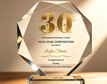 Engraved Crystal Trophy, Custom Achievement Award, Personalized Office Desk Plaque Gift