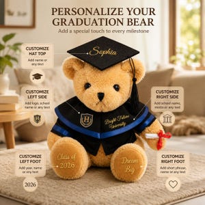 Puede incluir: Un oso de peluche con un atuendo de graduaci&oacute;n. El birrete negro tiene la inscripci&oacute;n "Sophia" en oro. El oso lleva una toga negra y azul. Las patas del oso tienen el texto "Class of 2026" y "Dream Big".