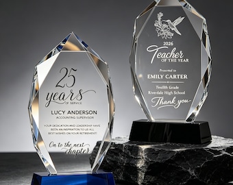 Personalized Crystal Award Trophy, Custom Engraved Glass Plaque, Recognition Gift, Corporate Award