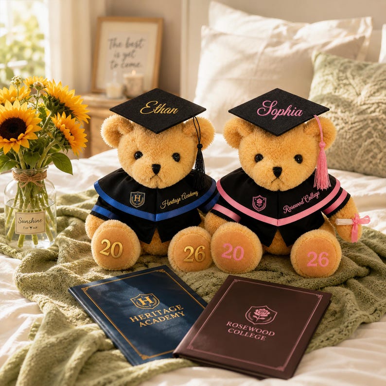 Puede incluir: Dos osos de peluche con gorros y togas de graduaci&oacute;n, cada uno con un nombre en el gorro. Uno tiene detalles en azul, el otro en rosa. Ambos osos tienen los n&uacute;meros 20 y 26 en las patas. Dos libros de graduaci&oacute;n en primer plano.