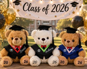 Oso de peluche personalizado con toga y birrete para graduación, peluche con nombre personalizado, recuerdo de graduación, regalo para la universidad o el instituto, promoción de 2026.