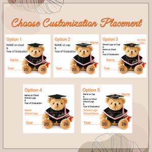 Puede incluir: Imagen que muestra cinco opciones de personalizaci&oacute;n para un oso de peluche de graduaci&oacute;n. Cada opci&oacute;n presenta un oso de peluche con gorro y toga de graduaci&oacute;n. El texto indica las opciones de colocaci&oacute;n para el nombre, el logotipo de la escuela y el a&ntilde;o de graduaci&oacute;n.