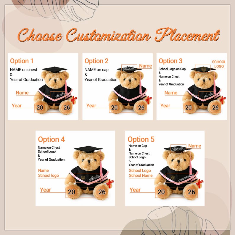 Puede incluir: Imagen que muestra cinco opciones de personalizaci&oacute;n para un oso de peluche de graduaci&oacute;n. Cada opci&oacute;n presenta un oso de peluche con gorro y toga de graduaci&oacute;n. El texto indica las opciones de colocaci&oacute;n para el nombre, el logotipo de la escuela y el a&ntilde;o de graduaci&oacute;n.